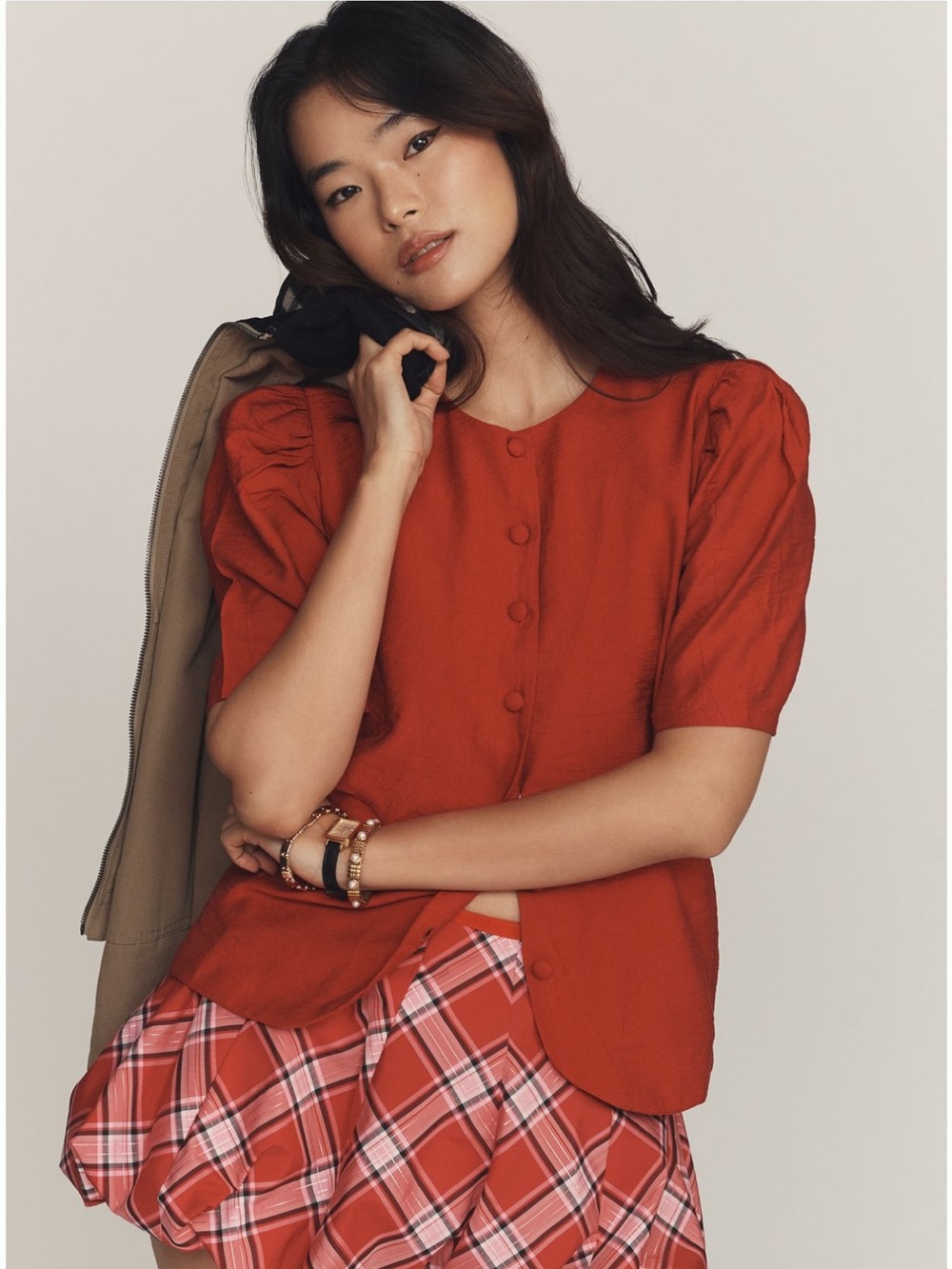 Women's Red Button-Front Puff Sleeve Top